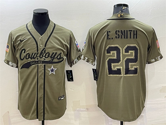 Custom Men’s Dallas Cowboys #22 Emmitt Smith 2022 Olive Salute To Service Cool Base Stitched Baseball Jersey