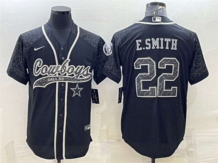 Custom Men’s Dallas Cowboys #22 Emmitt Smith Black Reflective With Patch Cool Base Stitched Baseball Jersey