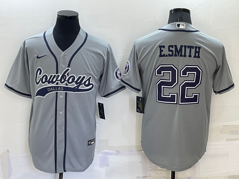 Custom Men’s Dallas Cowboys #22 Emmitt Smith Grey Cool Base Stitched Baseball Jersey