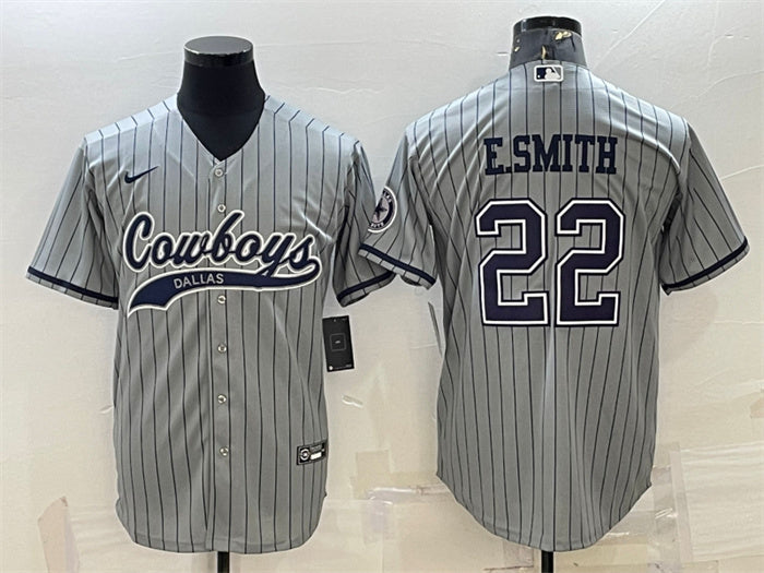 Custom Men’s Dallas Cowboys #22 Emmitt Smith Grey With Patch Cool Base Stitched Baseball Jersey