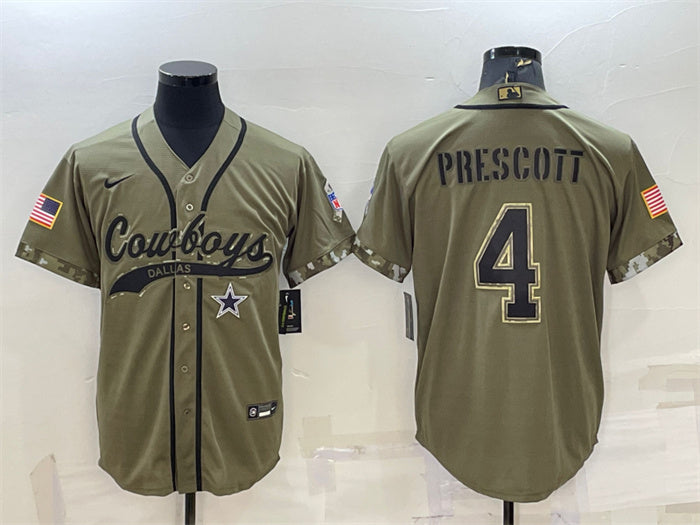 Custom Men’s Dallas Cowboys #4 Dak Prescott 2022 Olive Salute To Service Cool Base Stitched Baseball Jersey
