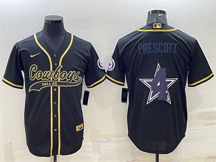 Custom Men’s Dallas Cowboys #4 Dak Prescott Black Gold Team Big Logo With Patch Cool Base Stitched Baseball Jersey