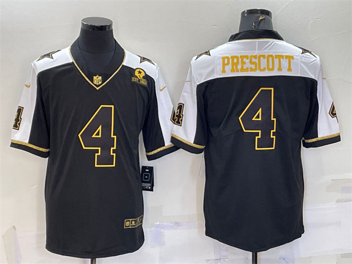 Custom Men’s Dallas Cowboys #4 Dak Prescott Black Gold Thanksgiving With Patch Stitched Jersey