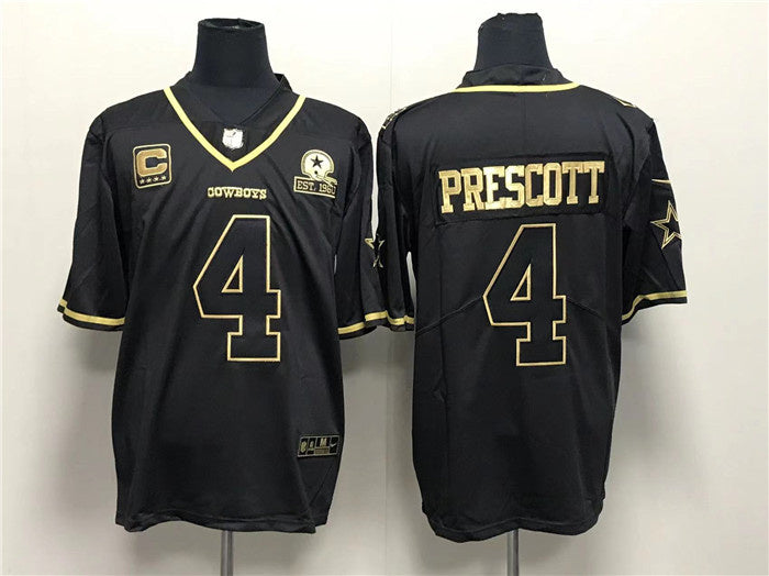 Custom Men’s Dallas Cowboys #4 Dak Prescott Black Gold With 1960 PatchAnd 4-Star C Patch Stitched Jersey