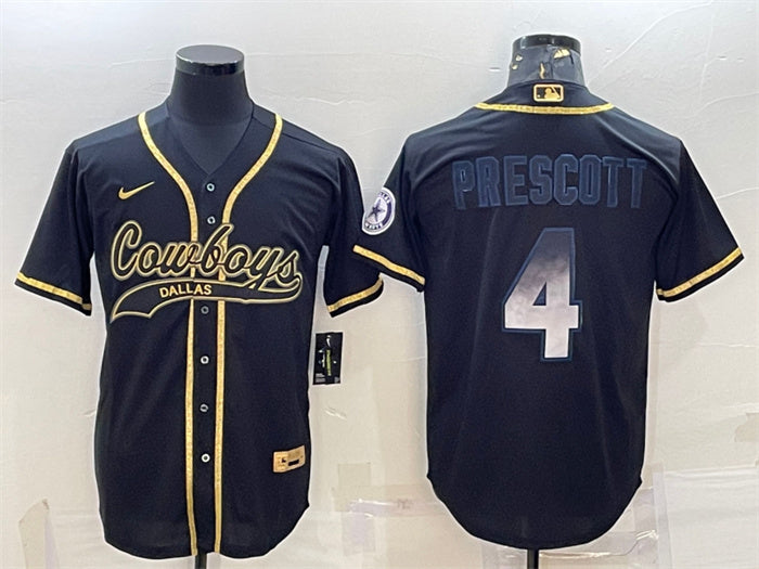 Custom Men’s Dallas Cowboys #4 Dak Prescott Black Gold With Patch Cool Base Stitched Baseball Jersey