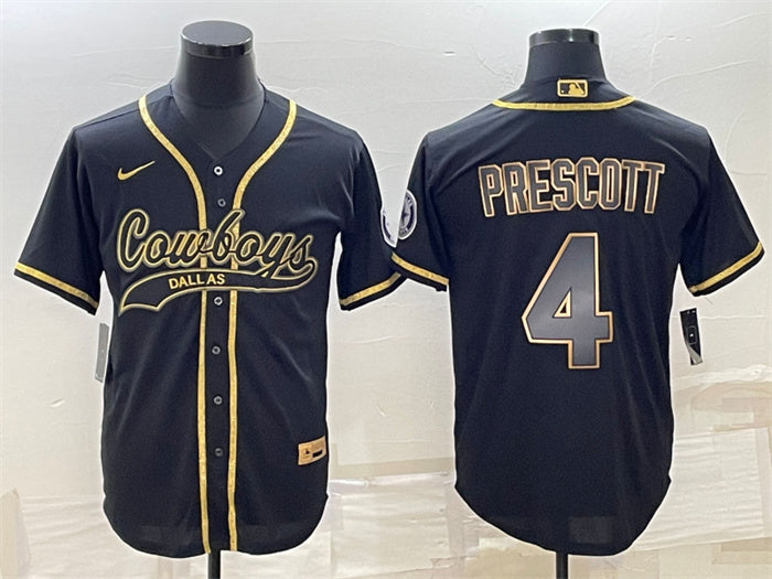 Custom Men’s Dallas Cowboys #4 Dak Prescott Black Gold With Patch Cool Base Stitched Baseball Jersey