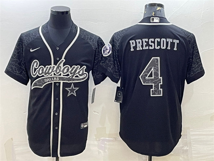 Custom Men’s Dallas Cowboys #4 Dak Prescott Black Reflective With Patch Cool Base Stitched Baseball Jersey
