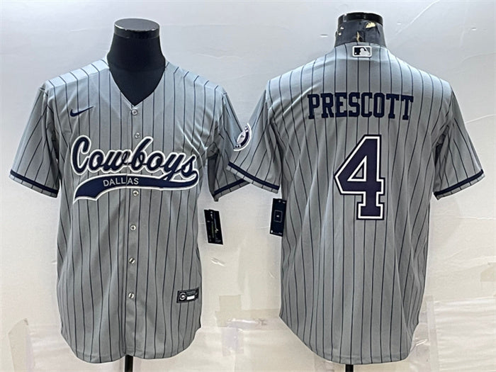 Custom Men’s Dallas Cowboys #4 Dak Prescott Gray With Patch Cool Base Stitched Baseball Jersey