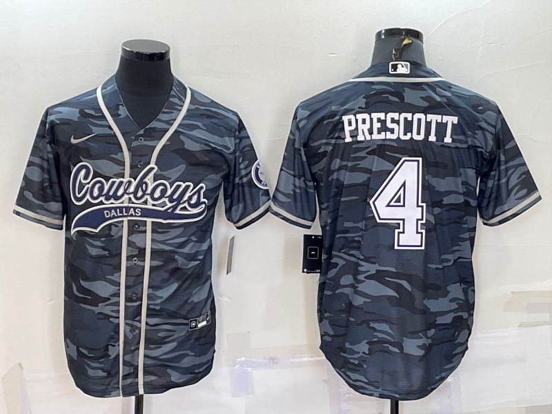 Custom Men’s Dallas Cowboys #4 Dak Prescott Grey Camo With Patch Cool Base Stitched Baseball Jersey