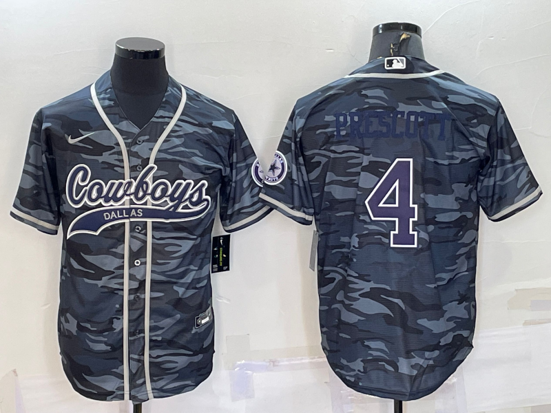 Custom Men’s Dallas Cowboys #4 Dak Prescott Grey Navy Camo With Patch Cool Base Stitched Baseball Jersey