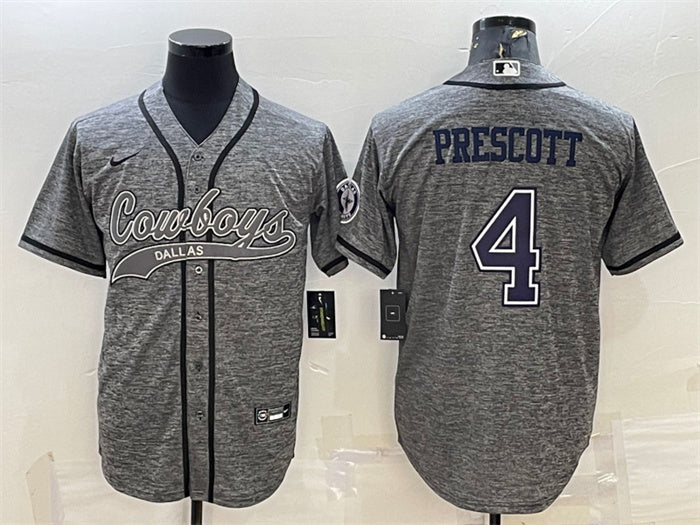 Custom Men’s Dallas Cowboys #4 Dak Prescott Grey With Patch Cool Base Stitched Baseball Jersey