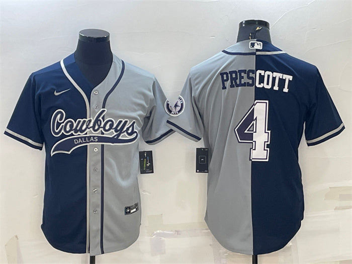 Custom Men’s Dallas Cowboys #4 Dak Prescott Navy Grey Split With Patch Cool Base Stitched Baseball Jersey