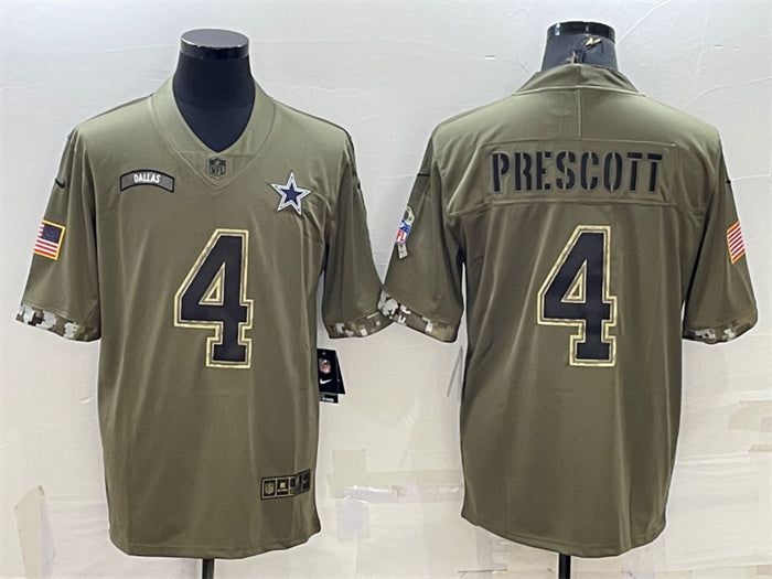 Custom Men’s Dallas Cowboys #4 Dak Prescott Olive 2022 Salute To Service Limited Stitched Jersey