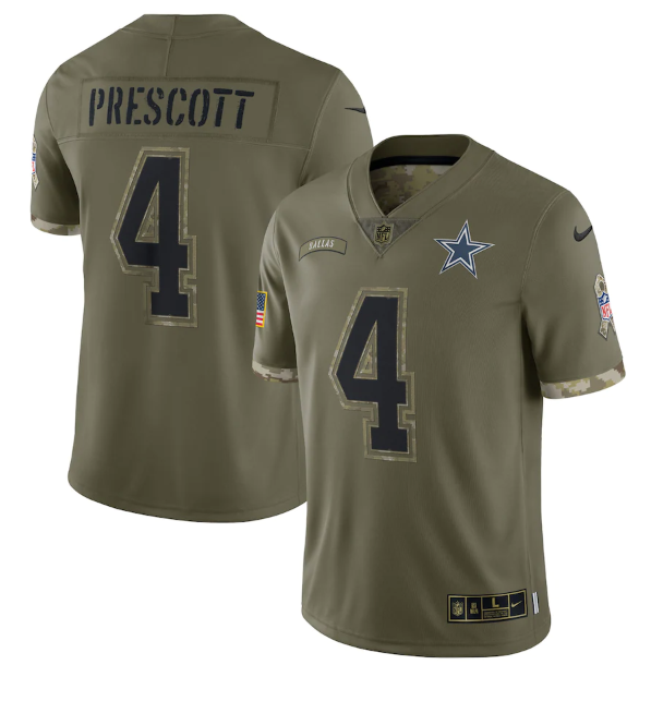 Custom Men’s Dallas Cowboys #4 Dak Prescott Olive 2022 Salute To Service Limited Stitched Jersey
