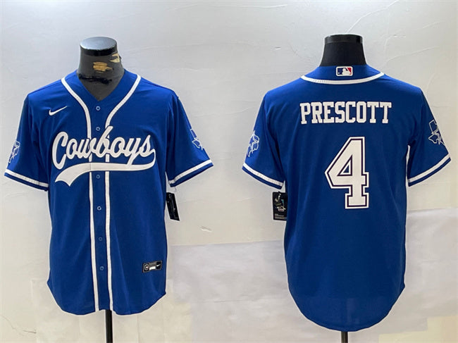 Custom Men’s Dallas Cowboys #4 Dak Prescott Royal With Patch Cool Base Stitched Baseball Jersey