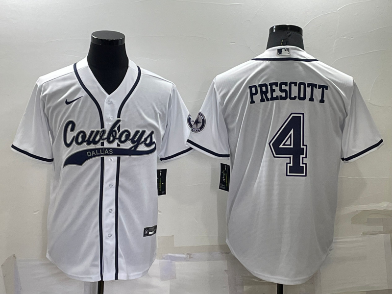 Custom Men’s Dallas Cowboys #4 Dak Prescott White Cool Base Stitched Baseball Jersey