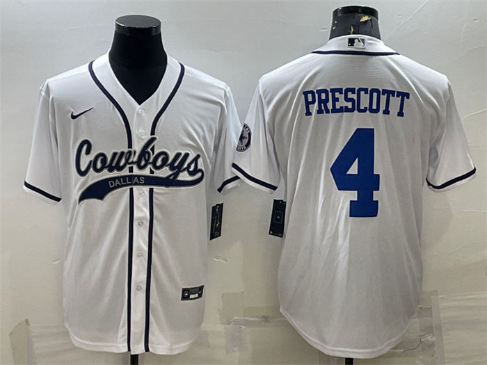 Custom Men’s Dallas Cowboys #4 Dak Prescott White With Patch Cool Base Stitched Baseball Jersey