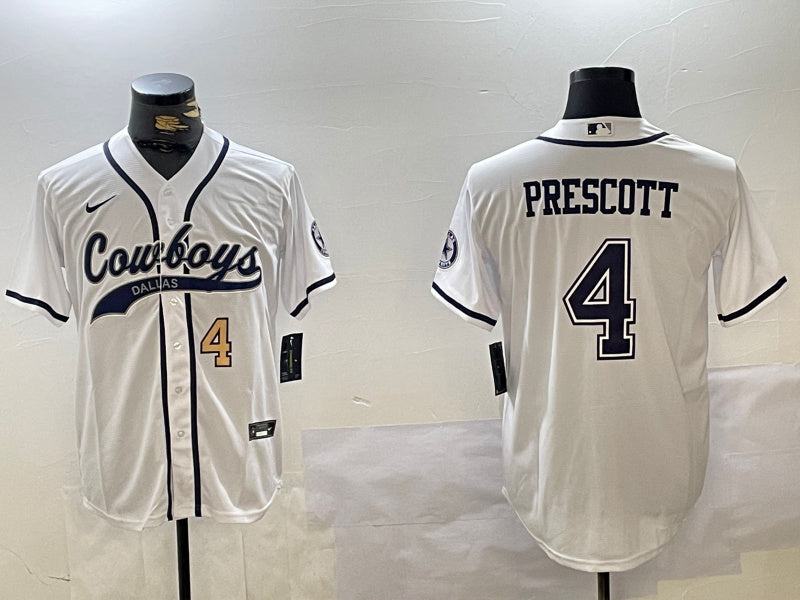 Custom Men’s Dallas Cowboys #4 White Team With Patch Cool Base Stitched Baseball Jerseys