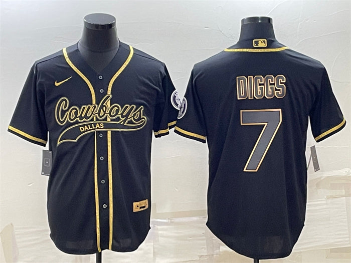 Custom Men’s Dallas Cowboys #7 Trevon Diggs Black Gold With Patch Cool Base Stitched Baseball Jersey