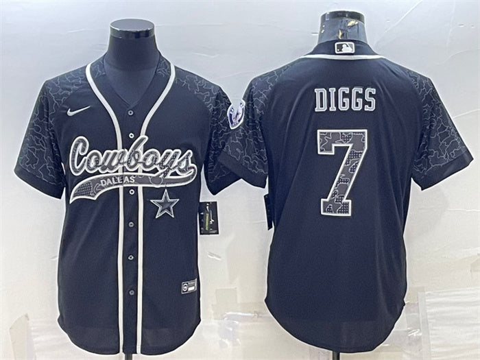 Custom Men’s Dallas Cowboys #7 Trevon Diggs Black Reflective With Patch Cool Base Stitched Baseball Jersey