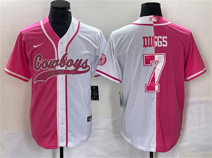Custom Men’s Dallas Cowboys #7 Trevon Diggs Pink White Split Cool Base Stitched Baseball Jersey