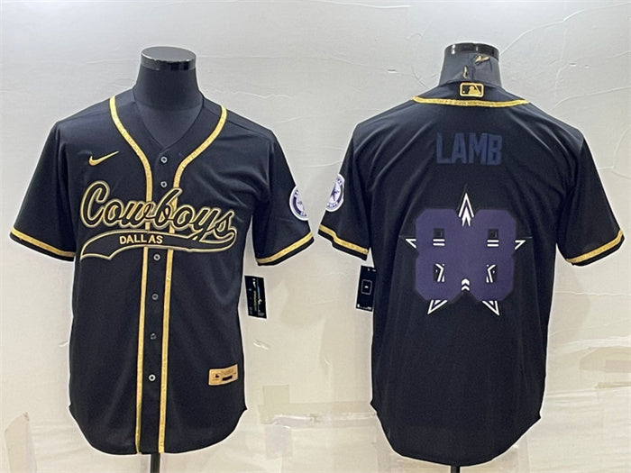 Custom Men’s Dallas Cowboys #88 CeeDee Lamb Black Gold Team Big Logo With Patch Cool Base Stitched Baseball Jersey