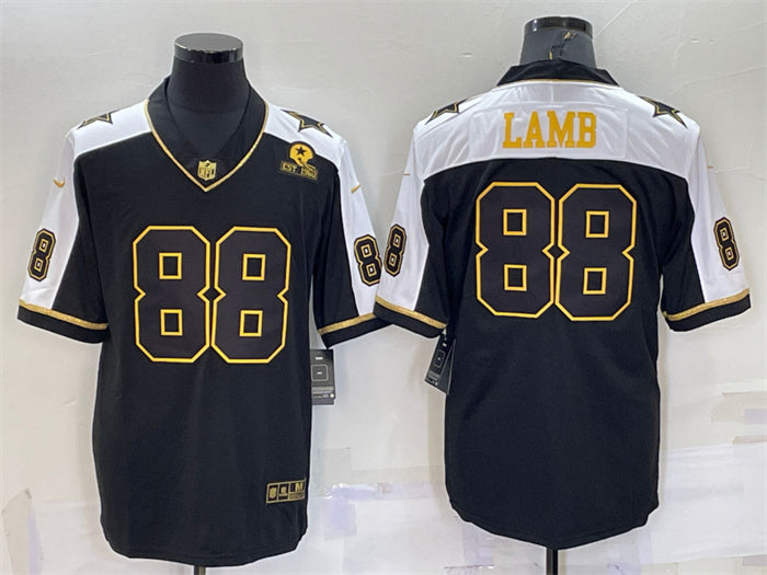 Custom Men’s Dallas Cowboys #88 CeeDee Lamb Black Gold Thanksgiving With Patch Stitched Jersey
