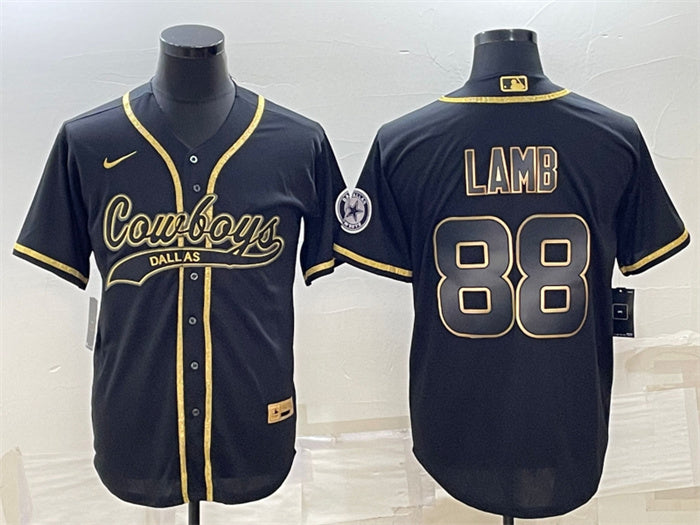 Custom Men’s Dallas Cowboys #88 CeeDee Lamb Black Gold With Patch Cool Base Stitched Baseball Jersey