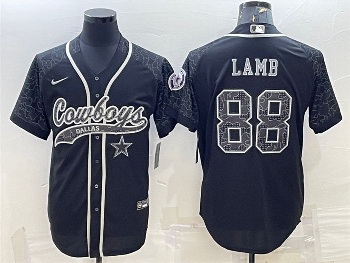 Custom Men’s Dallas Cowboys #88 CeeDee Lamb Black Reflective With Patch Cool Base Stitched Baseball Jersey