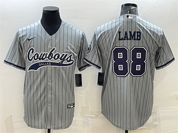 Custom Men’s Dallas Cowboys #88 CeeDee Lamb Grey With Patch Cool Base Stitched Baseball Jersey