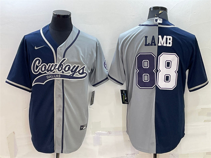 Custom Men’s Dallas Cowboys #88 CeeDee Lamb Navy Grey Split With Patch Cool Base Stitched Baseball Jersey