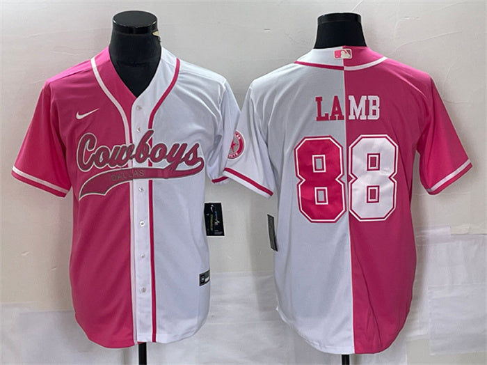 Custom Men’s Dallas Cowboys #88 CeeDee Lamb Pink White Split Cool Base Stitched Baseball Jersey