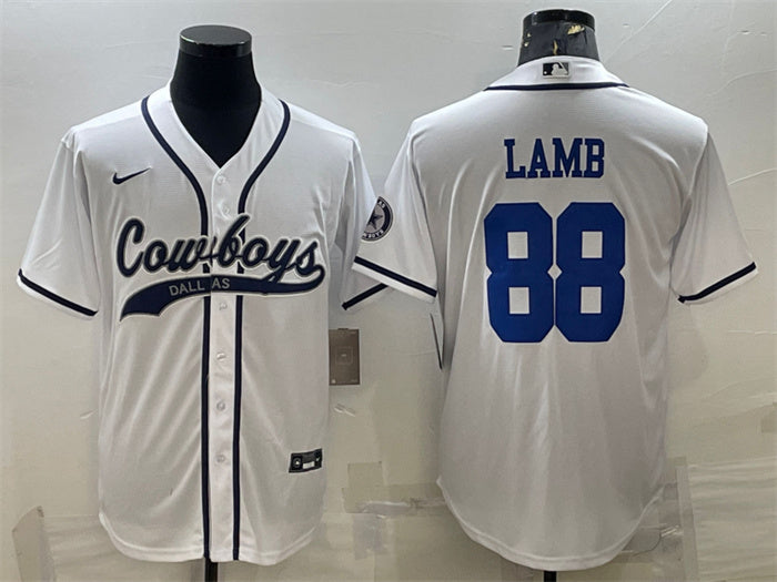Custom Men’s Dallas Cowboys #88 CeeDee Lamb White With Patch Cool Base Stitched Baseball Jersey