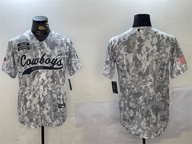 Custom Men’s Dallas Cowboys Blank 2024 Arctic Camo Salute To Service Stitched Baseball Jersey