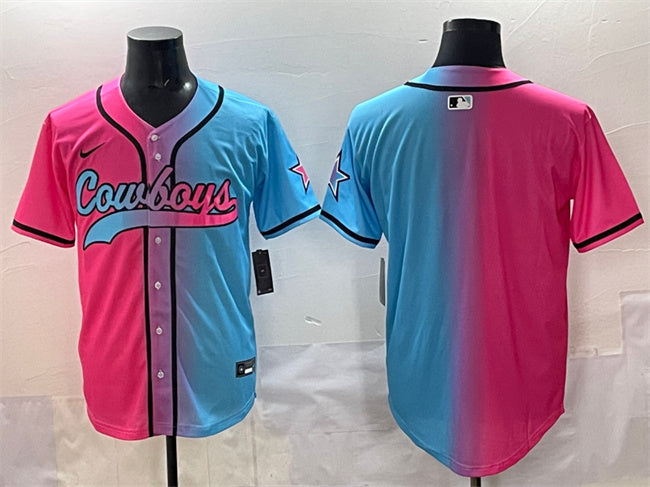 Custom Men’s Dallas Cowboys Blank Pink Blue Limited Stitched Baseball Jersey