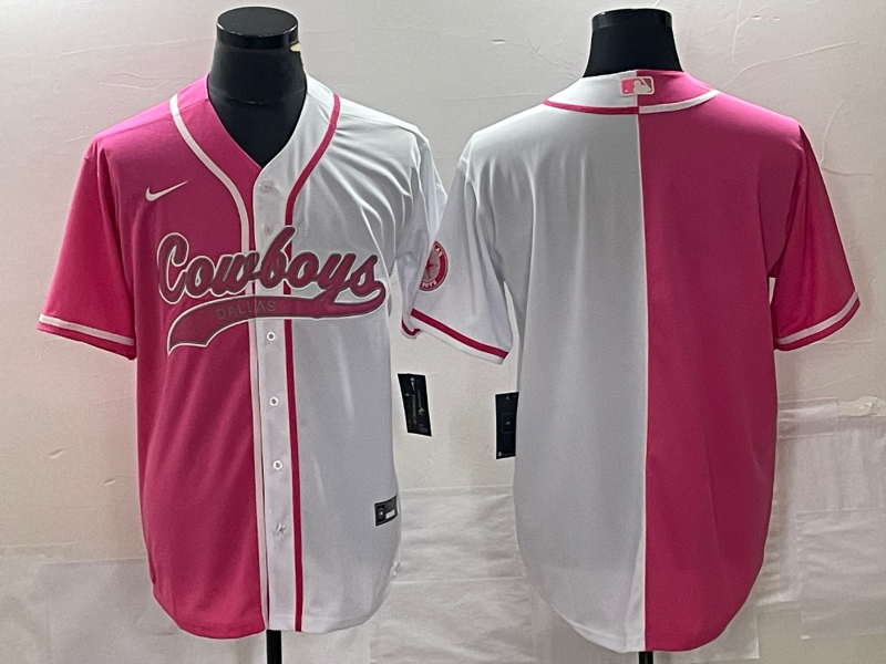 Custom Men’s Dallas Cowboys Blank Pink White Split Cool Base Stitched Baseball Jersey