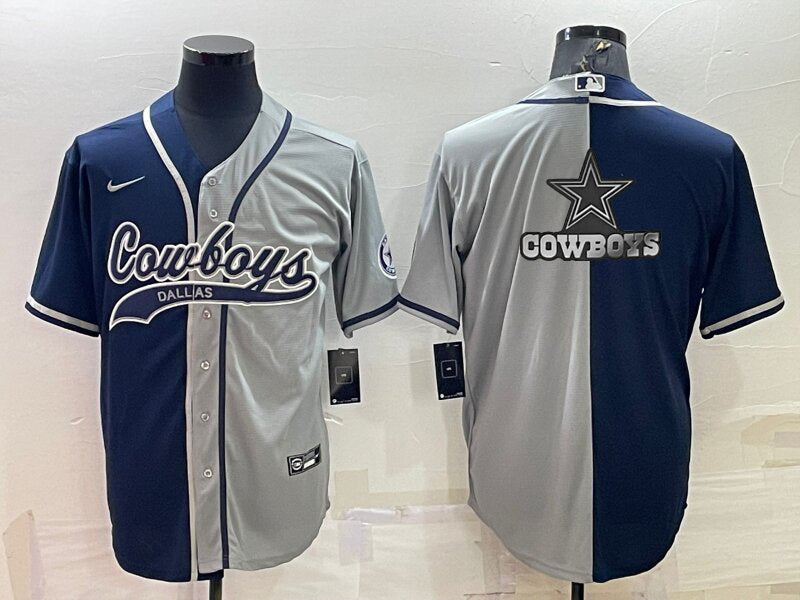 Custom Men’s Dallas Cowboys Navy Grey Split Team Big Logo With Patch Cool Base Stitched Baseball Jersey