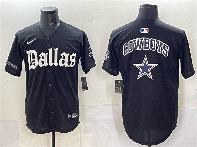 Custom Men’s Dallas Cowboys Team Big Logo Black ‘Gothic Lone Star Edition’ Limited Stitched Baseball Jersey 1