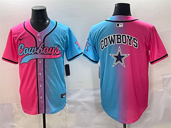 Custom Men’s Dallas Cowboys Team Big Logo Pink Blue Limited Stitched Baseball Jersey