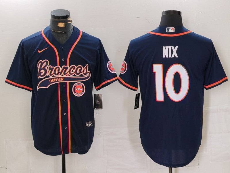 Custom Men’s Denver Broncos #10 Bo Nix Navy Cool Base Stitched Baseball Jersey