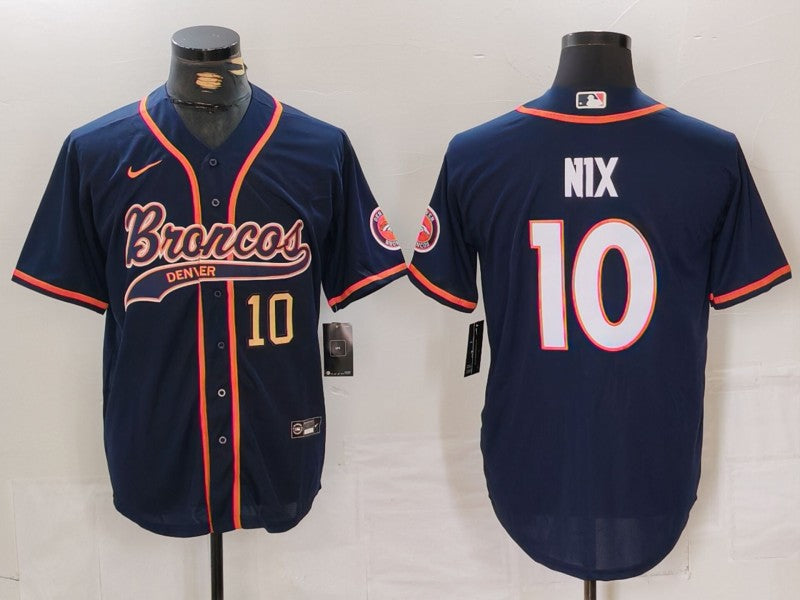Custom Men’s Denver Broncos #10 Bo Nix Navy Cool Base Stitched Baseball Jersey