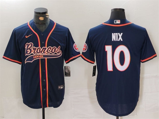 Custom Men’s Denver Broncos #10 Bo Nix Navy Cool Base Stitched Baseball Jersey
