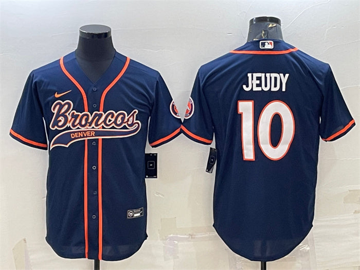 Custom Men’s Denver Broncos #10 Jerry Jeudy Navy With Patch Cool Base Stitched Baseball Jersey