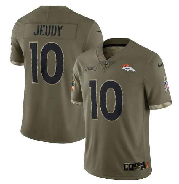 Custom Men’s Denver Broncos #10 Jerry Jeudy Olive 2022 Salute To Service Limited Stitched Jersey