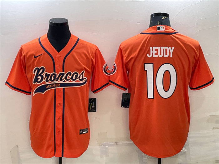 Custom Men’s Denver Broncos #10 Jerry Jeudy Orange With Patch Cool Base Stitched Baseball Jersey