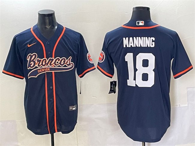 Custom Men’s Denver Broncos #18 Peyton Manning Navy Cool Base Stitched Baseball Jersey