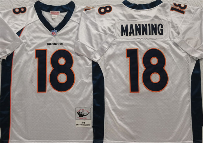 Custom Men’s Denver Broncos #18 Peyton Manning White Throwback Stitched Jersey