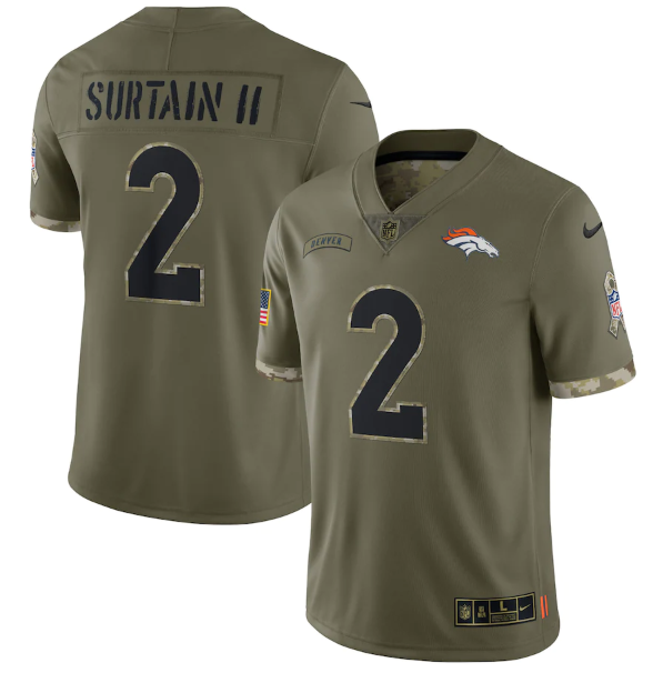 Custom Men’s Denver Broncos #2 Pat Surtain II Olive 2022 Salute To Service Limited Stitched Jersey