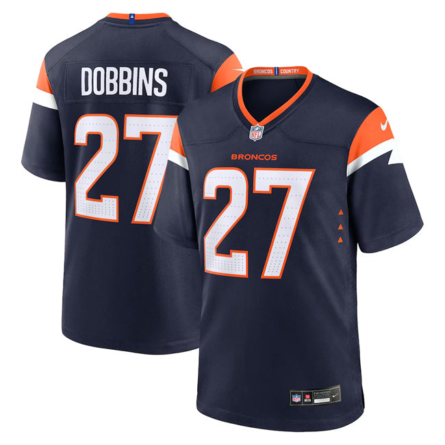 Custom Men’s Denver Broncos #27 J.K. Dobbins Navy 2025 Alternate Stitched Game Jersey
