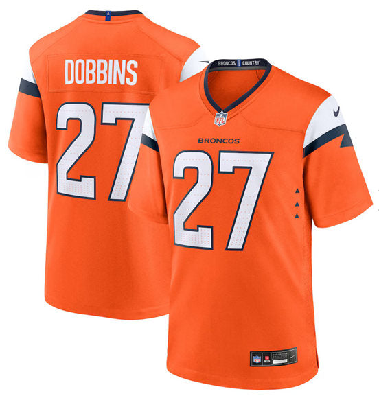 Custom Men’s Denver Broncos #27 J.K. Dobbins Orange 2025 Alternate Stitched Game Jersey